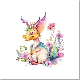 Cute Spring Flower Dragon Watercolor Posters and Art